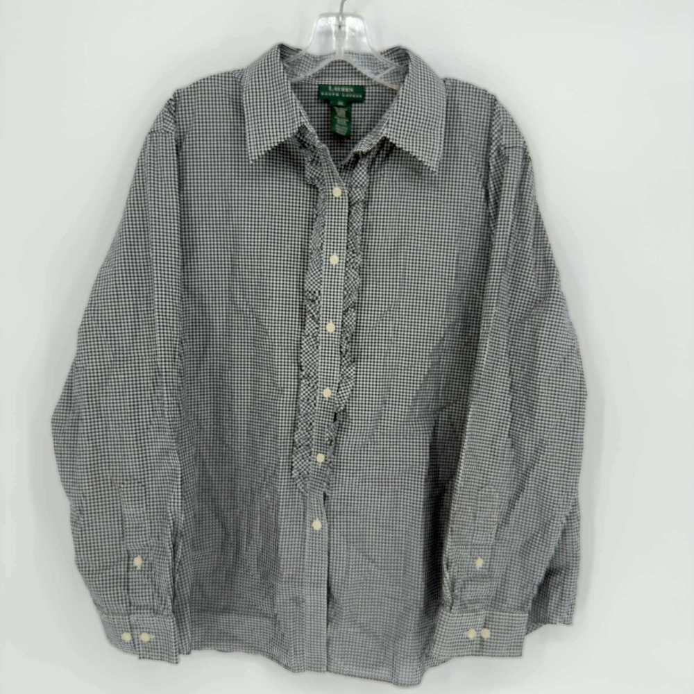 Lauren Ralph Lauren Women's Black Gingham Ruffle Button Up Shirt Size 2X